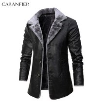 라이더 바이크 자켓 남자 가죽 Caranfier 남성용 pu 남성 겨울 두꺼운 롱 스타일 플리스 코트 턴 다운 칼라 모피 안감 싱글 브레스트 오버 코트