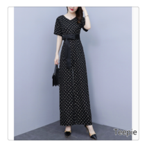 티피/Teepie 여성 블랙 브이넥 도트 쉬폰 반팔 점프슈트