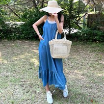 네모샵 데님뷔스티에 끈 나시 민소매 맥시 롱 원피스