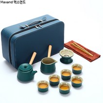 맥스앤드 휴대용 가정용 찻잔 다도 다기세트 다관+숙우+차잔+거름망, 남색 수납+녹색 다기세, 다관+6잔+숙우+거름망