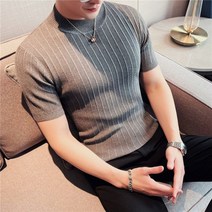 남성용 고급 캐주얼 반소매 뜨개질 스웨터/남성 높은 칼라 슬림 피트 스트라이프 세트 니트 셔츠 플러스 사이즈 S~4XL