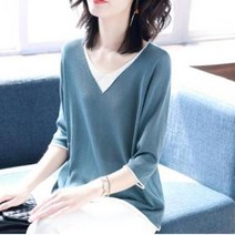 F49510 배색 7부소매 여름 니트티 라운드 니트반팔, 블랙