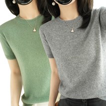 여성용 베이직 라운드넥 니트 반팔티 부드러운 니트 간절기 데일리룩 티셔츠 2P