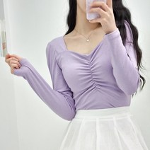 스퀘어넥 가슴 셔링 크롭 퍼프 소매 슬림핏 긴팔 티셔츠