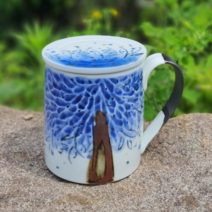 보산토기 나무조각 핸드메이드 선물용 도자기 고급머그잔 아이스 커피잔 뚜껑머그컵 450ml, 블루
