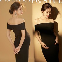 임산부 니트 원피스 만삭 촬영 기념 셀프촬영 스판 임신 니트 프리사이즈 오프숄더 드레스