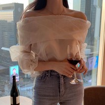 브라우스 기본 해외여행여름옷 하객룩 봄 블라우스 데이트룩 Blusa Vaguely 로맨틱 한 어깨 숙녀 요정 컴포트 셔츠 그물 거즈 솔리드 긴팔 15724