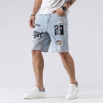 면바지 남자 반바지 트레이닝복 홀 찢어진 슬림 캐주얼 청바지 레트로 블루 워시 스트리트 무릎 길이 데님 팬츠