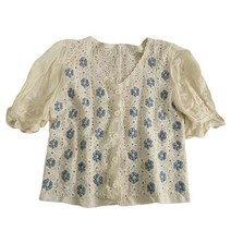 여자 프랑스 스타일 v- 넥 크로 셰 뜨개 카디건 퍼프 짧은 소매 자수 달콤한 플로럴 작물 상단 v- 넥 버튼 다운 느슨한 셔츠 스웨터 재킷