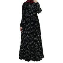 여자 무슬림 랜턴 슬리브 맥시 긴 스윙 드레스 폴카 도트 프린트 버튼 주름 잡힌 주름 고리 kaftan abaya hijab 이슬람 의류