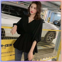 Ogfaour인기신상 여성 여름 V넥 허리밴딩 A라인 7부 블라우스~3XL