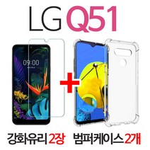 스톤스틸 LG Q51 액정 강화유리 필름 2장 + 투명 범퍼 케이스 2개, 1세트