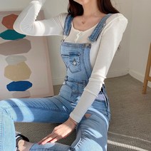 디어세라 [국내제작/유니크템] 배색 엉찢 연청 스키니 데님 멜빵 팬츠