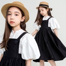 바로배송 메이비기 주니어 여아 벌룬 블라우스 블랙 멜빵 청순 원피스 투피스
