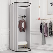 의류 매장 옷가게 간이 탈의실 피팅룸 이동형 조립식, 공식 규격, 검은색 프레임이 있는 은회색 암막천.