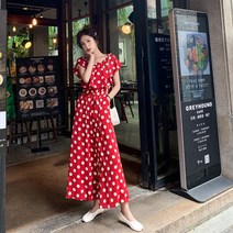 땡땡이점프수트 여성 레드 화이트 오프숄더 점프수트