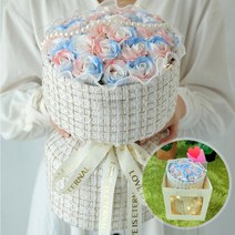 LED 비누꽃다발 장미 21송이 4종 축하선물 쇼핑백포함, 비누꽃다발 아쿠아핑크+쇼핑백