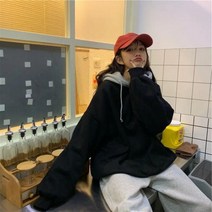여성 모자 후드 티 패치 워크 루즈 포켓 캐주얼 게으른 한국 스타일 울장 패션 유행 모든 경기 긴 소매 의류