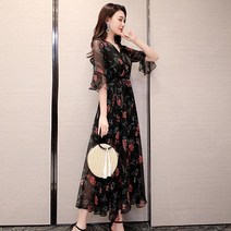 여름반팔쉬폰원피스 블랙 데이트 플라워 롱 꽃무늬 반팔 제주도여행코디 빅사이즈 A라인