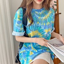스타루비샵 여름 빅사이즈 남녀공용 커플 타이다이 물 나염 라운드 면 박시 하의실종 롱 반팔 티셔츠
