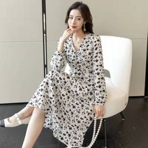 봄꽃송이 원피스 긴팔 브이넥 롱 원피스 첫사랑 프렌치 여성 롱스커트 봄 2022년