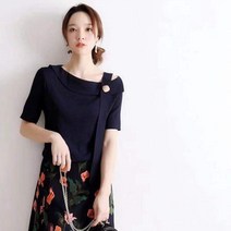 오프숄더니트티 귤색 어깨트임 반팔 상의 여성 산들바람 쇄골 날씬해 보이는 스트라이프 에어매쉬 티셔츠 2129322293