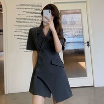 퐁순싸롱 정장 하객 카라 반팔 자켓 랩 언발 미니 원피스 SY