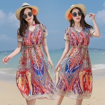 여름 비치 보헤미안 원피스 여 미디엄 쉬폰 플라워 슬림 -99507