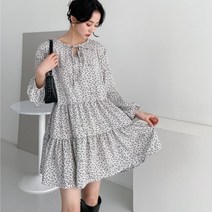 플라워 2단 캉캉 리본 라운드넥 셔링 루즈핏 플레어 데이트룩 데일리 러블리 미니 원피스