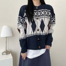 VANANA2 여성 데일리 루즈핏 라운드넥 아가일 캐주얼 니트 가디건
