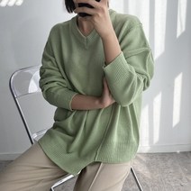 오오엘 여성용 루즈핏 언발 밸런스 컷팅 브이넥 니트