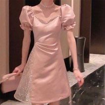KORELAN 리틀 실버 나이트 드림 얼루어 드레스 핑크 브이넥 다이아몬드 박힌 스티칭 스팽글 허리 기질 퍼프 슬리브 스커트 여성