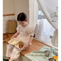 바로배송 플라워 볼륨티 상하 세트 상하복 여아 자매룩 코디 여름 소매 퍼프 북유럽풍 수입의류