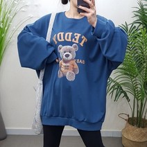 제이후 오버핏 테디 베어 곰 프린팅 박시 빅사이즈 맨투맨 티셔츠 남녀공용 (블루 그레이)