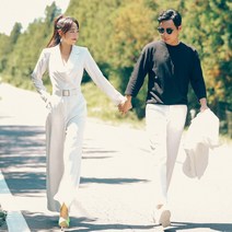 비치팜 화이트 긴팔 정장 셀프 웨딩 스냅 벨트 와이드 점프수트