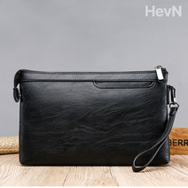 HevN 고급 레더 남자 클러치백 손가방, 딥블랙
