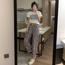 프린트 캐릭터 일자 팬츠 여 코디 캐주얼 팬츠 얇은 하이웨이스트 날씬해 보이는 9바짓가랑