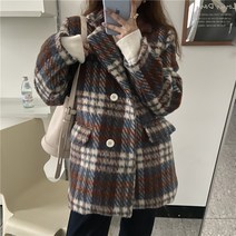안녕릴리 여성 루즈핏 레트로 빈티지 체크패턴 벨벳 두꺼운 모직코트 1110152JK