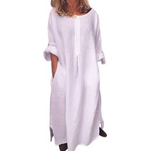 여성 빈티지 솔리드 컬러 긴 소매 O 넥 포켓 맥시 드레스 튜닉 kaftan