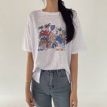슬라브 트임 박시 루즈핏 오버 썸머 디지털 나염 반팔티 화이트 크림