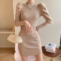 반넥 벌룬 퍼프 숄더 골지 니트 미디 원피스 3color