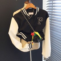 캠퍼스 자수 배색 가죽 크롭 바시티 야구점퍼 자켓 (3color)