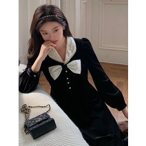 실크 원피스 프렌치 클래식 헵번풍 블랙 여성 겨울 가을 슬림핏 미드 롱 드레스 3157731093