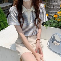 어나더드림 여성용 반팔 스트라이프 카라 피케 티셔츠