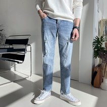 진땡 남성용 데미지 포인트 워싱 스판 데님팬츠 청바지