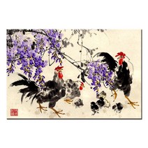 한국화 그림 동양화 민화 액자 수묵 담채화 캔버스 인테리어, 07.등나무꽃과 닭