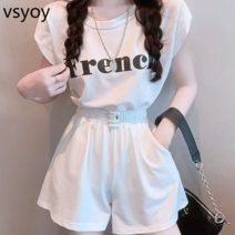 vsyoy 정장 여성 2023 여름 새로운 느슨한 라운드 넥 백리스 짧은 소매 탑 캐주얼 스포츠 하이 허리 반바지 두 조각