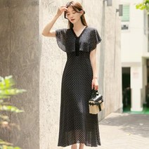 시크라인 레이스 배색 뒷 밴딩 쉬폰 케이프 원피스