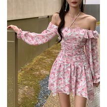 DFMEI 봄옷 핫멜로우 플라워 프릴 홀터넥 스트링 일자 어깨 긴팔 원피스 여