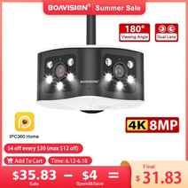 휴대용 와이파이 에그 포켓와이파이 BOAVISION 야외 초광각 파노라마 듀얼 렌즈 고정 IP 카메라 AI 인간 감지 보안 캠 4K 8MP 6MP 180 °, 8.6MP WIFI Add 32G TF - 영국 플러그